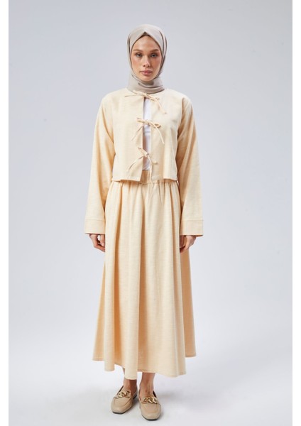 Flamlı Keten Etekli Kimono Takım