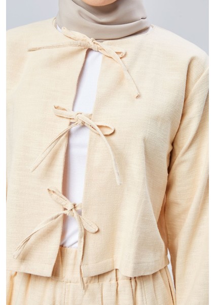 Flamlı Keten Etekli Kimono Takım