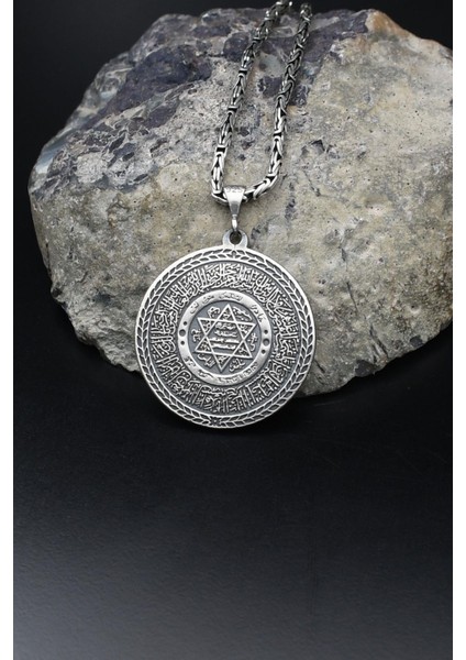 Hz. Süleyman Mührü ve Fatiha Suresi Yazılı 925 Ayar Gümüş Kolye Kral Zincir 2mm 902172 modelleri