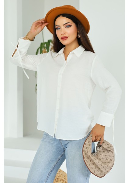 Lupinn Moda Kadın Beyaz Düğmeli Uzun Kollu Rahat Kalıp Gömlek