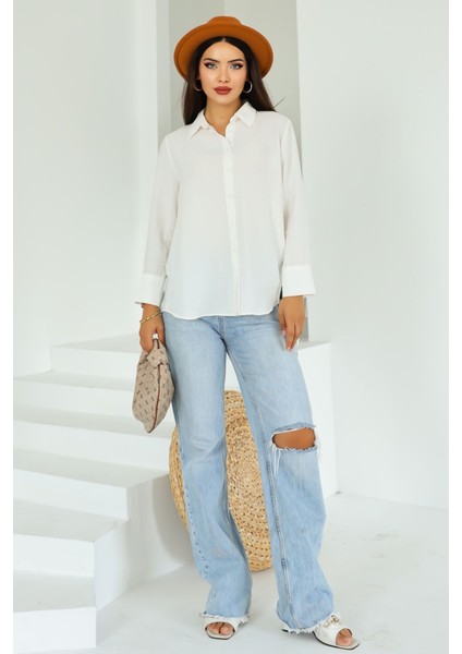 Lupinn Moda Kadın Beyaz Düğmeli Uzun Kollu Rahat Kalıp Gömlek fiyatları