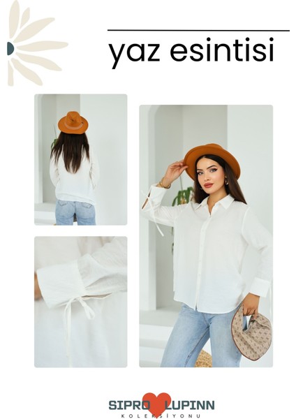 Lupinn Moda Kadın Beyaz Düğmeli Uzun Kollu Rahat Kalıp Gömlek
