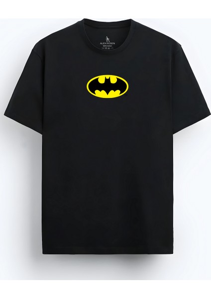 Unisex Oversize Bisiklet Yaka Batman Baskılı Kısa Kollu Siyah Tişört