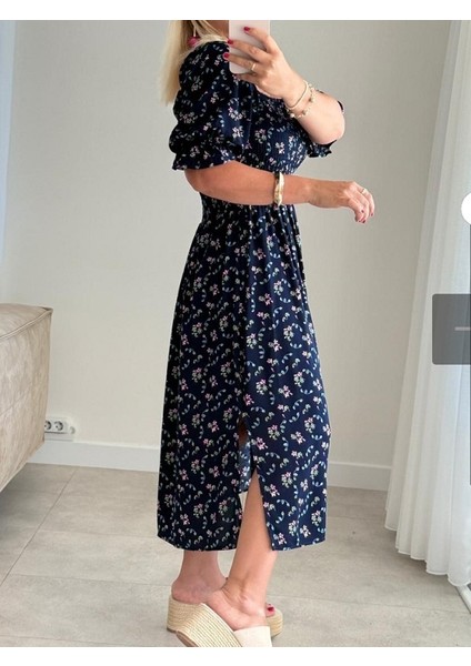 Gipeli Yanları Yırtmaçlı Çiçekli Elbise indirimleri