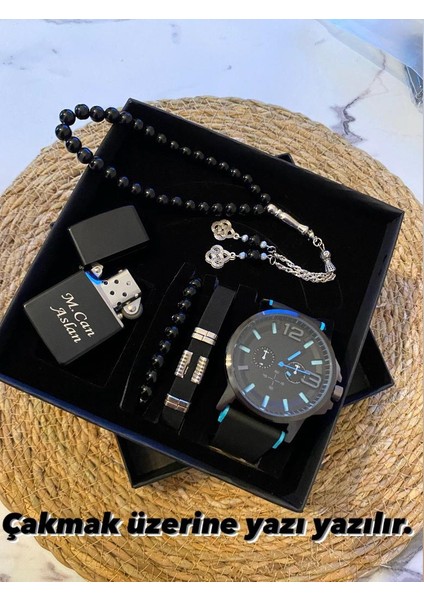 Özel Kutulu Hediyelik Erkek Kombin Saat Çakmak Tesbih Seti - 6042