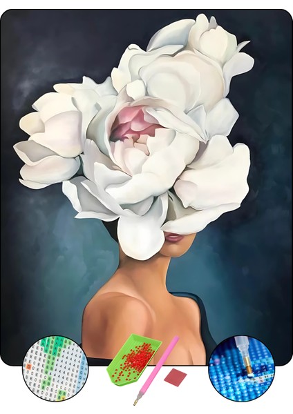 5D Elmas Boyama Seti – Çiçekli Kadın | 40x50 cm - Tuvale Gerili Diamond Painting Sayılarla Boyama Mozaik Tablo