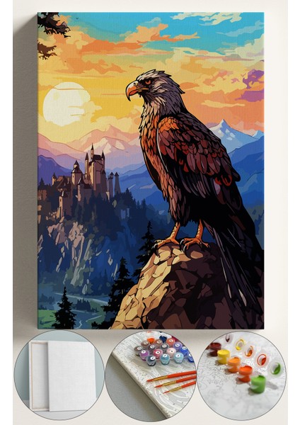 Sayılarla Boyama Çerçeveli Hobi Seti Numaralı Tuval Fırça Boya Dahil Kasnaklı 40X50 cm Dağlarda Kartal