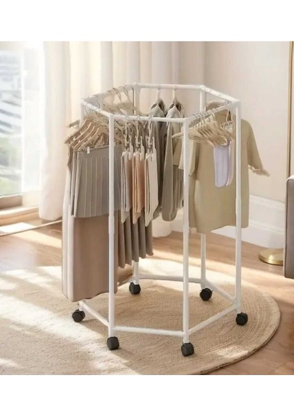 Altıgen Beyaz Kıyafet Askısı Metal Yatak Odası ve Balkon Için Askılık 80*120 cm 1106-CN