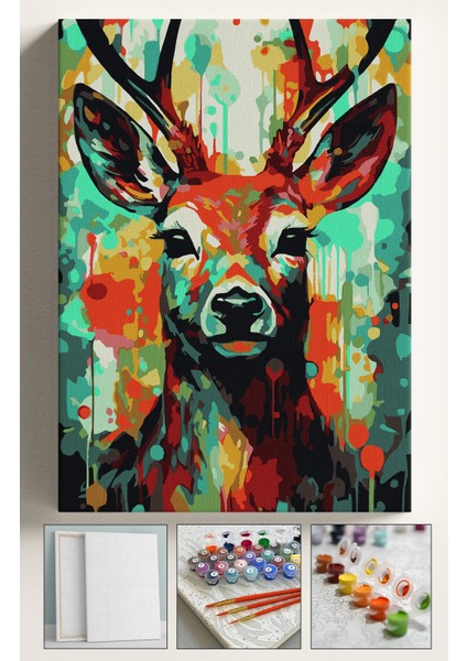 Sayılarla Boyama Çerçeveli Hobi Seti Numaralı Tuval Fırça Boya Dahil Kasnaklı 40X50 cm Geyik
