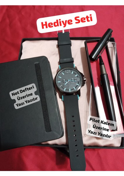 Hediyelik Erkek Kombin Saat Seti Özel Kutulu Pilot Kalem Not Defteri - 6042