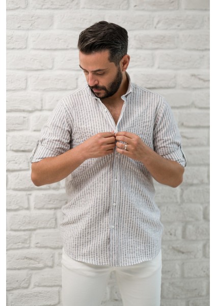 Slimfit Fit Yaka Düğmeli Çizgili Yazlık Gofre Kumaş Erkek Gömlek