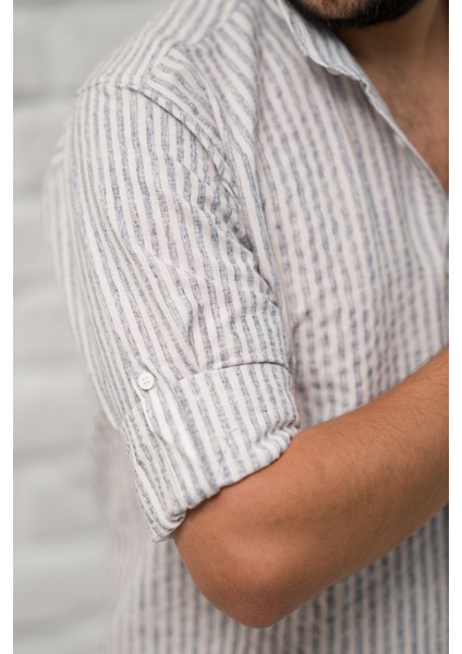 Slimfit Fit Yaka Düğmeli Çizgili Yazlık Gofre Kumaş Erkek Gömlek modelleri