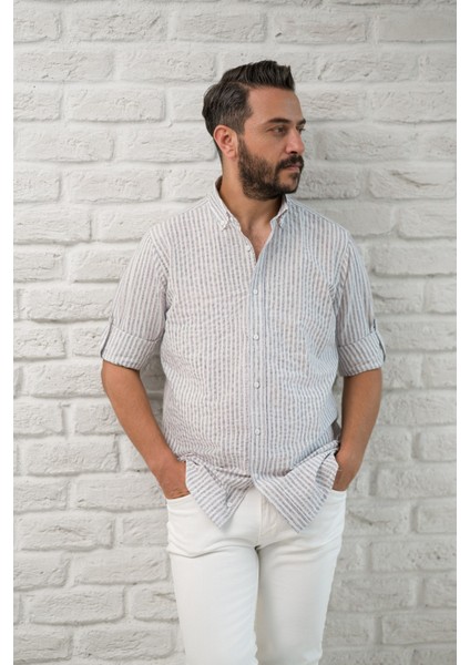 Slimfit Fit Yaka Düğmeli Çizgili Yazlık Gofre Kumaş Erkek Gömlek fırsatları