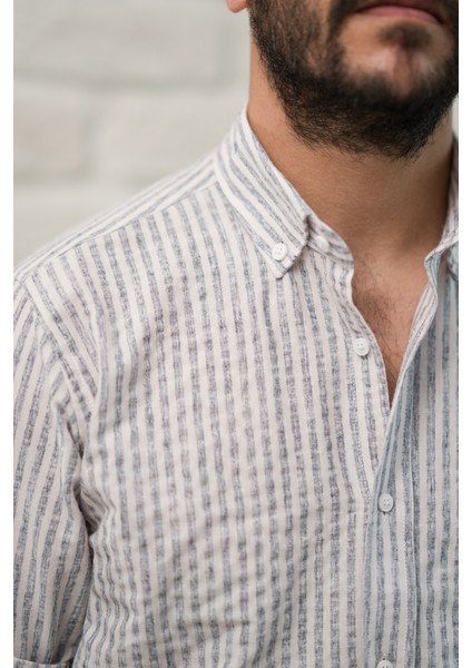 Slimfit Fit Yaka Düğmeli Çizgili Yazlık Gofre Kumaş Erkek Gömlek indirimleri