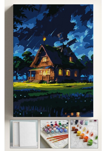 Sayılarla Boyama Çerçeveli Hobi Seti Numaralı Tuval Fırça Boya Dahil Kasnaklı 40X50 cm Gece Yıldızlı Ev