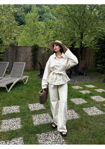 Belden Bağlamalı Denim Takım Oversize Ceket ve Pantolon