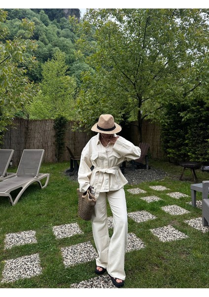 Belden Bağlamalı Denim Takım Oversize Ceket ve Pantolon modelleri