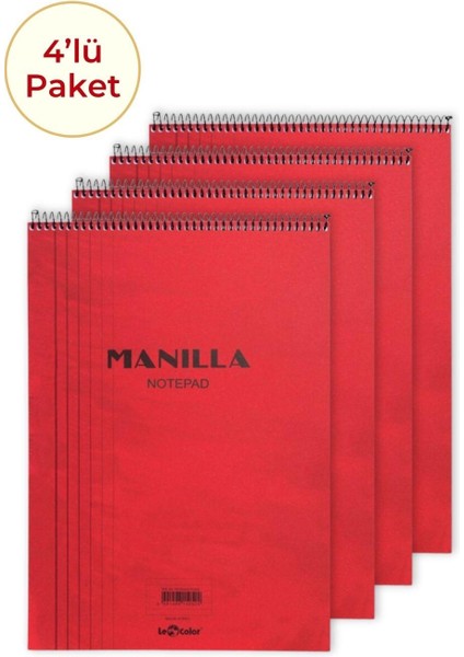 4'lü Manilla A4 Çizgili Kırmızı Bloknot 4X180 Sayfa
