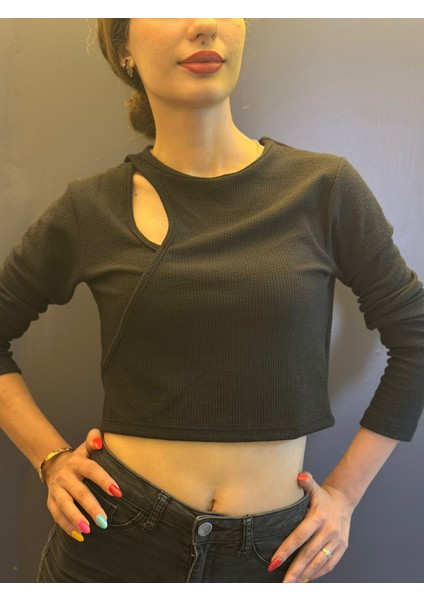 Siyah Fitilli Penye Kadın Crop