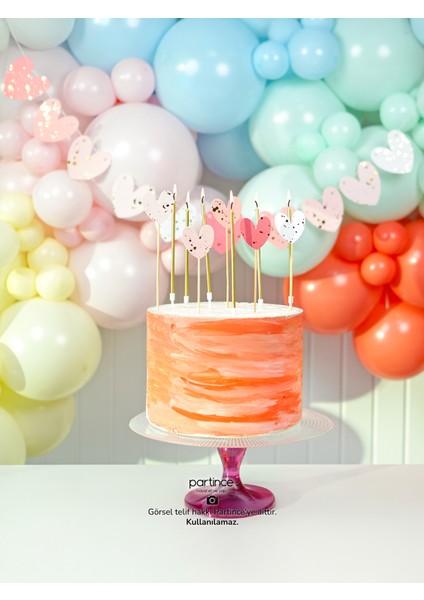 3 Parça Set Pembe Kalp Pasta Süsü Cake Topper Banner ve 6 Adet Metalik Gold Mum Doğum Günü Süsleme Parti Seti