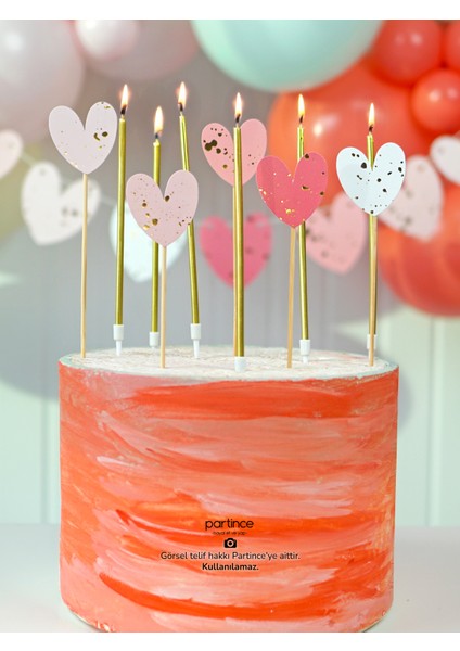 3 Parça Set Pembe Kalp Pasta Süsü Cake Topper Banner ve 6 Adet Metalik Gold Mum Doğum Günü Süsleme Parti Seti modelleri