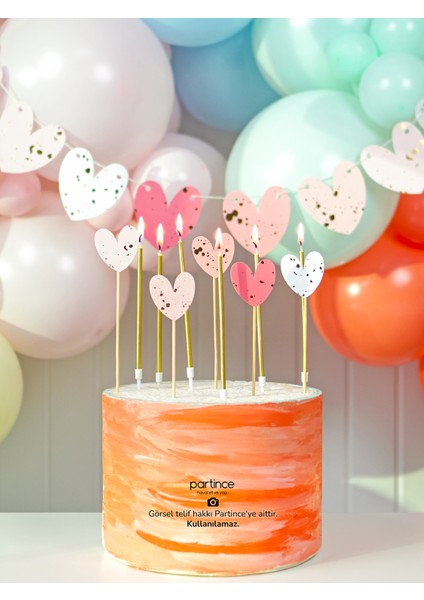 3 Parça Set Pembe Kalp Pasta Süsü Cake Topper Banner ve 6 Adet Metalik Gold Mum Doğum Günü Süsleme Parti Seti fırsatları