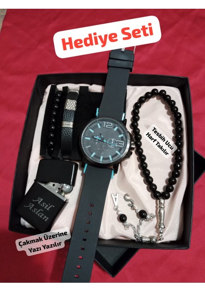 Özel Kutulu Hediyelik Erkek Kombin Saat Seti Çakmak Tesbih Bileklikler Hediye Seti - 6042