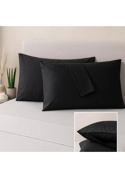 Siyah Yastık Kılıfı Pamuk Kumaş Kapaklı (2 Adet) 50 x 70 cm