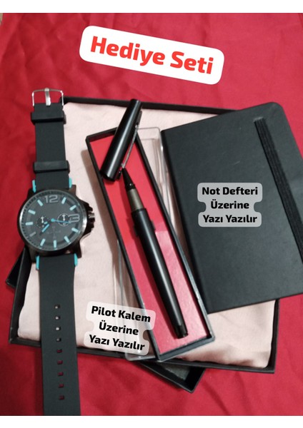 Özel Kutulu Hediyelik Erkek Kombin Saat Seti Pilot Kalem Not Defteri Hediye Seti - 6042