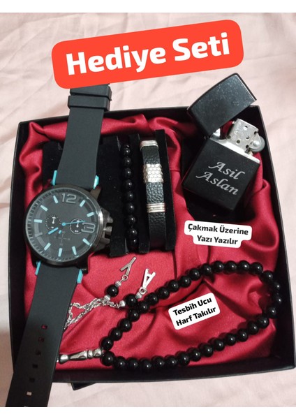 Özel Kutulu Hediyelik Erkek Kombin Saat Çakmak Tesbih Seti - 6042