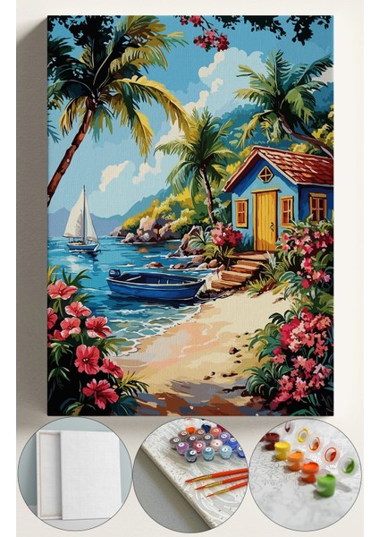 Sayılarla Boyama Çerçeveli Hobi Seti Numaralı Tuval Fırça Boya Dahil Kasnaklı 40X50 cm Deniz Kenarında Kulübe