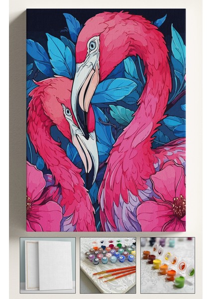 Sayılarla Boyama Çerçeveli Hobi Seti Numaralı Tuval Fırça Boya Dahil Kasnaklı 40X50 cm Flamingo