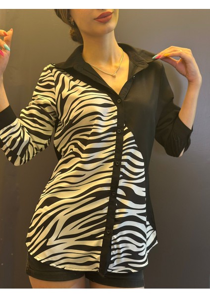 Zebra Desenli Şifon Kadın Gömlek M Beden