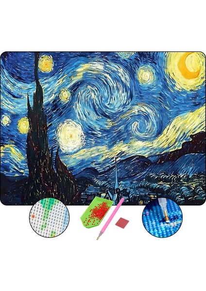 5D Elmas Boyama Seti – Van Gogh Yıldızlı Gece | 40x50 cm - Tuvale Gerili Diamond Painting Sayılarla Boyama Mozaik Tablo