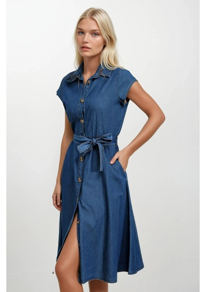 Kadın Denim Kısa Kollu Boydan Düğmeli Beli Kuşaklı Kot Gömlek Elbise HZL22S-BD121761 fiyatları