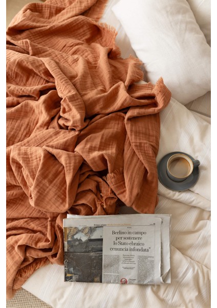 %100 Pamuk 3 Katlı Müslin Yatak Örtüsü | Tarçın | Double Face | 240X240 cm | indirimleri