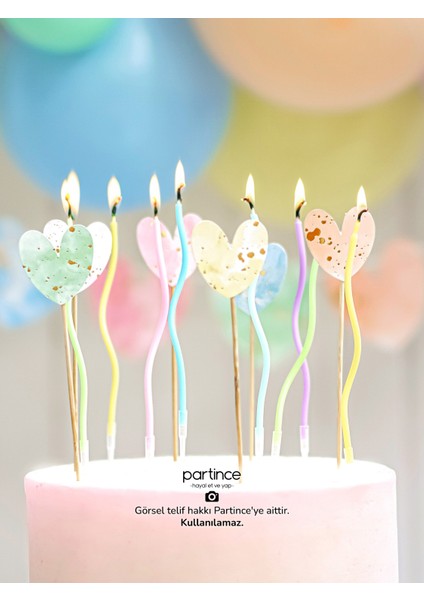 3 Parça Set Makaron Renklerde Kalp Pasta Süsü Banner Cake Topper ve Spiral Mum Doğum Günü Süsleme Parti Seti