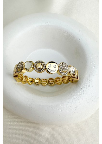 Özel Seri Altın Rengi Gülen Yüz Kalp Detay Taşlı Lastik Bileklik fiyatları