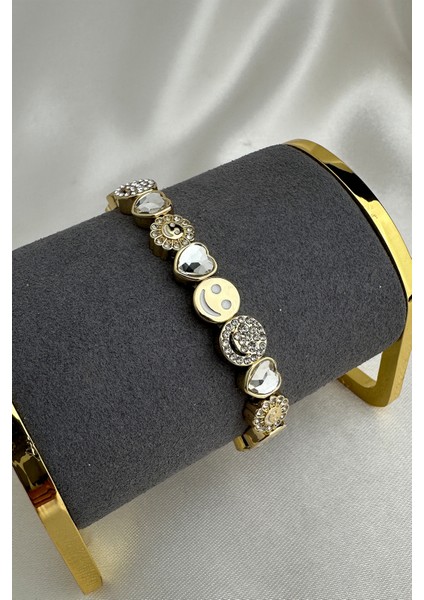 Özel Seri Altın Rengi Gülen Yüz Kalp Detay Taşlı Lastik Bileklik modelleri