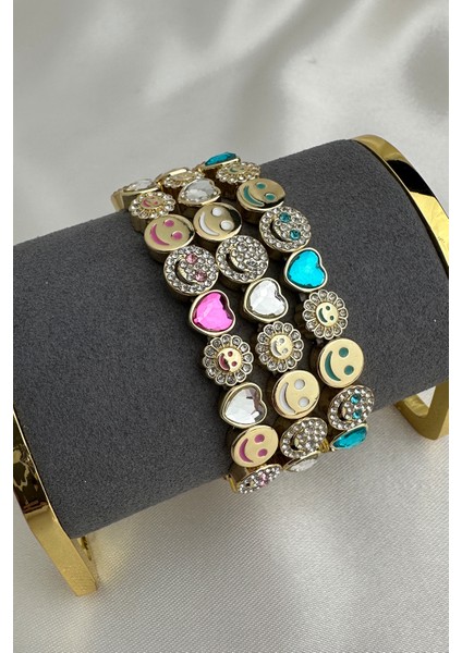 Özel Seri Altın Rengi Gülen Yüz Kalp Detay Taşlı Lastik Bileklik indirimleri