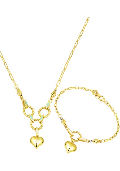 Kalp Figürlü 14 Ayar Altın Kolye & Bileklik Takı Seti