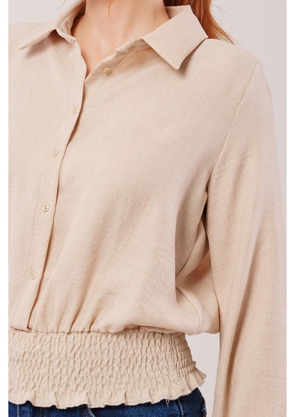 Bel ve Bilek Lastikli Bej Bluz