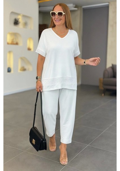 Kadın Kısa Kollu V Yakalı Pul Payetli Viskon Iki Iplik Bluz ve Pantolon Ikili Takım fiyatları