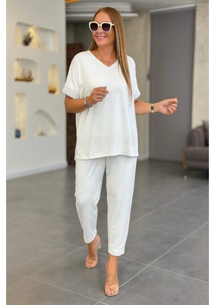 Kadın Kısa Kollu V Yakalı Pul Payetli Viskon Iki Iplik Bluz ve Pantolon Ikili Takım modelleri