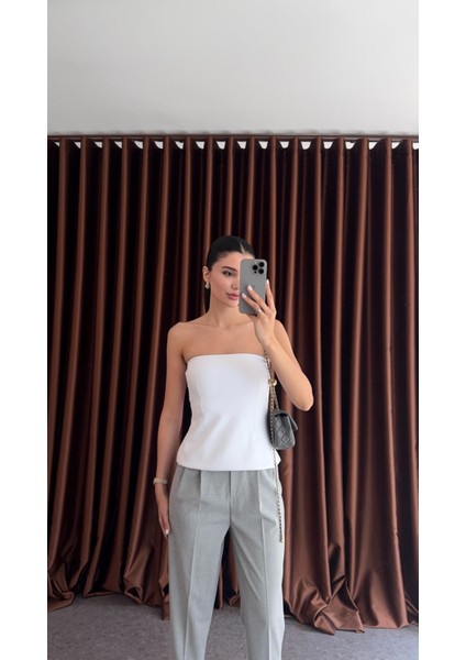 Çift Kat Dilvin Beyaz Straplez Top