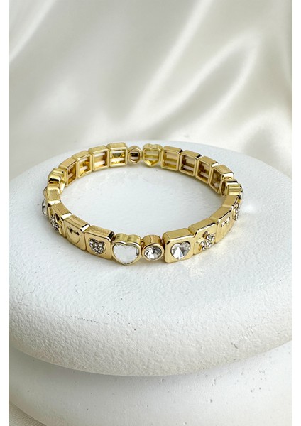 Altın Rengi Kalp Yıldız Taş Detay Özel Seri Lastik Bileklik