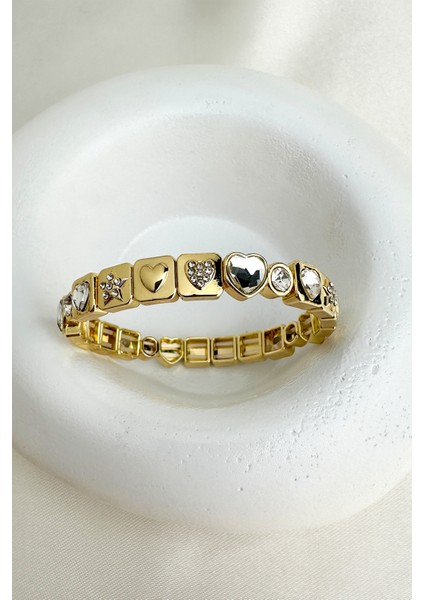 Altın Rengi Kalp Yıldız Taş Detay Özel Seri Lastik Bileklik fiyatları