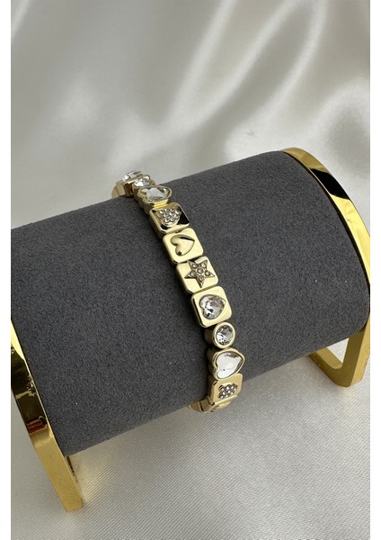 Altın Rengi Kalp Yıldız Taş Detay Özel Seri Lastik Bileklik fırsatları