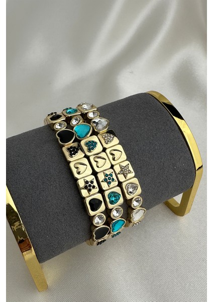 Altın Rengi Kalp Yıldız Taş Detay Özel Seri Lastik Bileklik indirimleri