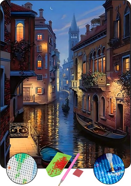 5D Elmas Boyama Seti – Venedik Gecesi | 40x50 cm - Tuvale Gerili Diamond Painting Sayılarla Boyama Mozaik Tablo